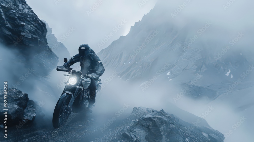 Poster show a motorcycle with an advanced gps system and high-tech features riding through a foggy mountain