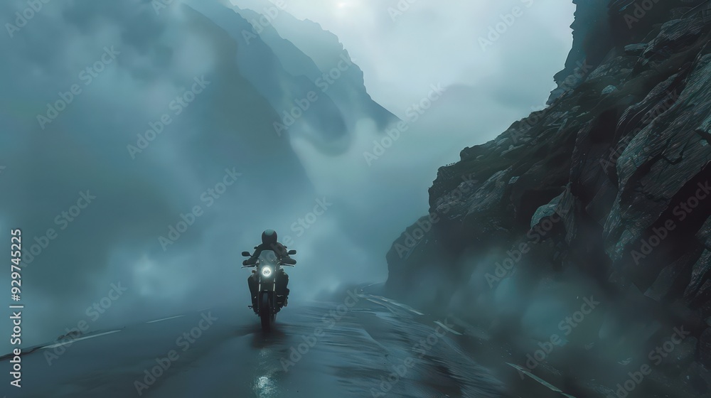 Poster show a motorcycle with an advanced gps system and high-tech features riding through a foggy mountain