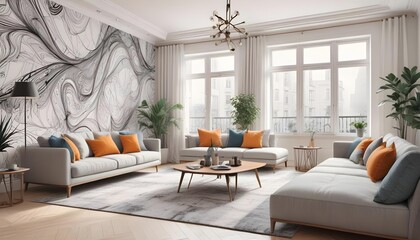 3d rendering of a luxury and modern living room showcasing a beige leather sofa,