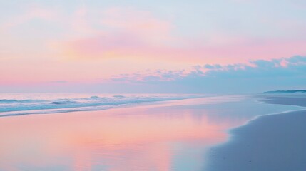 Fototapeta premium Serene beach at sunset with pastel colors reflecting on calm water.