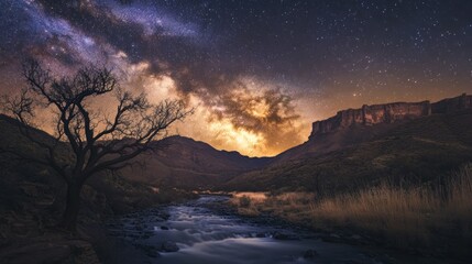 Milky Way over a Mountain Stream in a Canyon