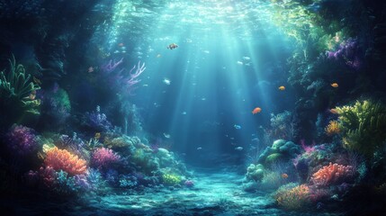 Fototapeta premium Underwater Coral Reef with Sunlight and Fish