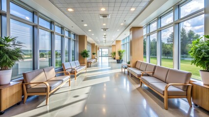 Modern well-equipped hospital corridor with comfortable seating area and large windows allowing natural light, creating a calming atmosphere for patients and visitors.