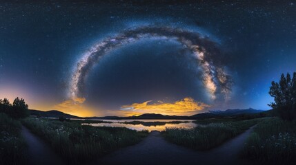 Fototapeta premium Milky Way Arching Over a Serene Mountain Lake at Night