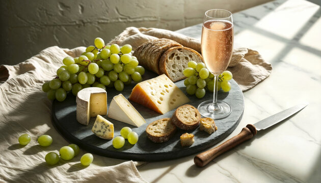 brunch setting, featuring a variety of soft and hard cheeses, multigrain bread, green grapes, and a sparkling rose wine - Powered by Adobe