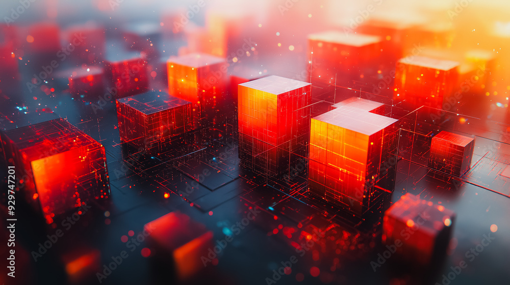 Poster a close up of a city made of red cubes. the cubes are arranged in a grid pattern, with some overlapp