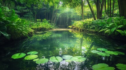 Obraz premium Serene forest landscape with a tranquil pond surrounded by lush greenery and sunlight.