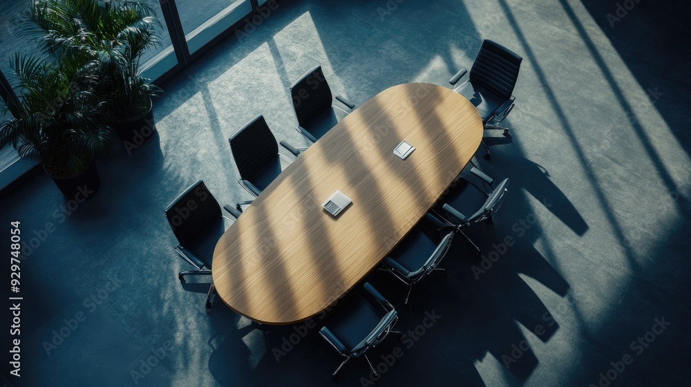 Poster clean and modern boardroom from above, with ample space around the table for adding your content