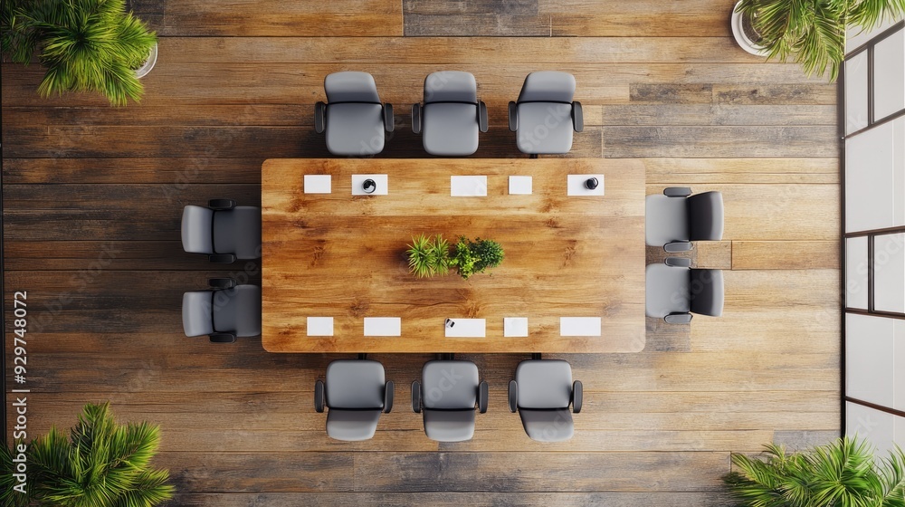 Poster clean and modern boardroom from above, with ample space around the table for adding your content