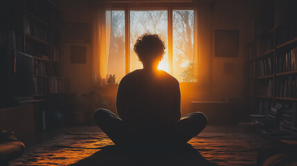 A person is sitting in a room with a window and the sun is shining through it. The room is filled with books and a potted plant. Scene is peaceful and serene, as the person is in a quiet