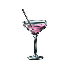 alcohol Cocktail with a rose. Pink cocktail with straw. Vector illustration isolated on transparent background for posters, menu, decoration, logo, wall art print.