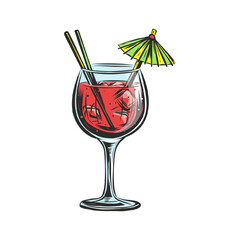 Pink alcohol cocktail with ice cubes, straws and yellow umbrella in an elegant glass. Vector illustration for posters, menu, decoration, logo, wall art print. Fresh summer cocktail.