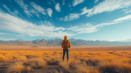 Obraz premium Hiker in yellow jacket standing in a vast golden field with mountains