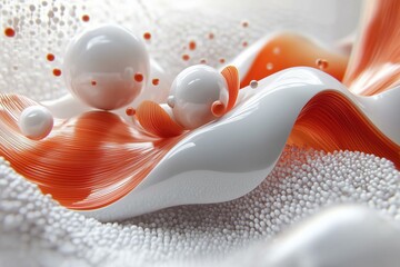 digital artwork features a harmonious blend of smooth, flowing white waves intertwined with vibrant orange strands.