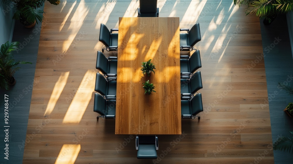 Poster overhead shot of a meeting room with ample space around a central table, perfect for adding your mes
