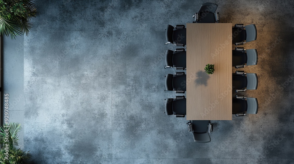 Poster overhead shot of a meeting space with a rectangular table, ready for your message or branding