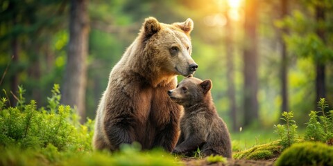 Fototapeta premium A tender embrace between a mother bear and her cub in a lush forest setting, Bears, Wildlife, Animals, Affection, Love, Family