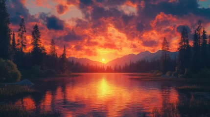 Fotobehang A beautiful sunset over a lake with mountains in the background. The sky is filled with clouds and the sun is setting, creating a warm and peaceful atmosphere © CreativeIMGIdeas
