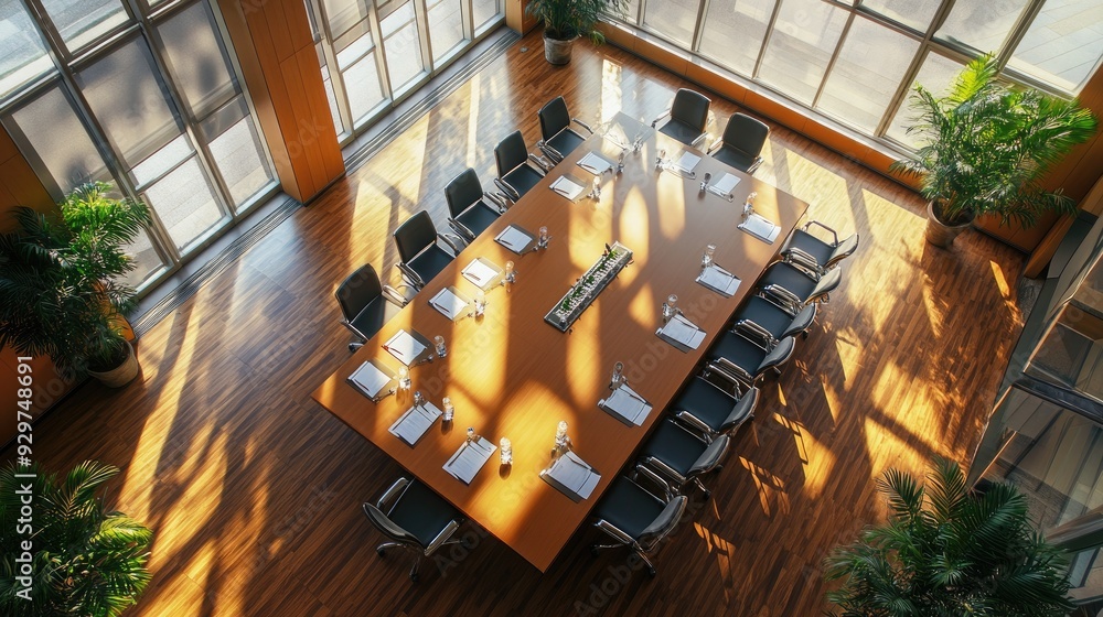 Poster spacious meeting room from above with a large table setup and ample area for overlaying your message