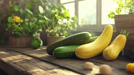 Fresh yellow and green zucchinis on a rustic wooden table in a bright kitchen setting with plants in the background.