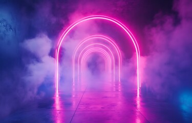 Pink neon arches illuminate a foggy, dark room.