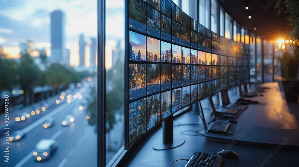 Poster a computer monitor displays a cityscape with a view of a busy street. concept of urban life and the 