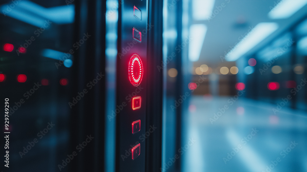 Poster a red button on a black surface. the button is lit up and is surrounded by a blue background