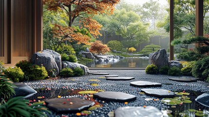 Daily mindfulness meditation routine in a zen garden, focus on stillness and balance, Mindfulness routine, daily zen practice