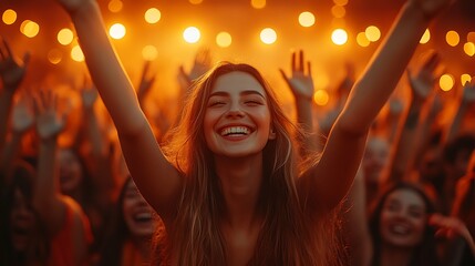 Fototapeta premium Happy young woman with arms raised at a music festival, surrounded by a cheering crowd.
