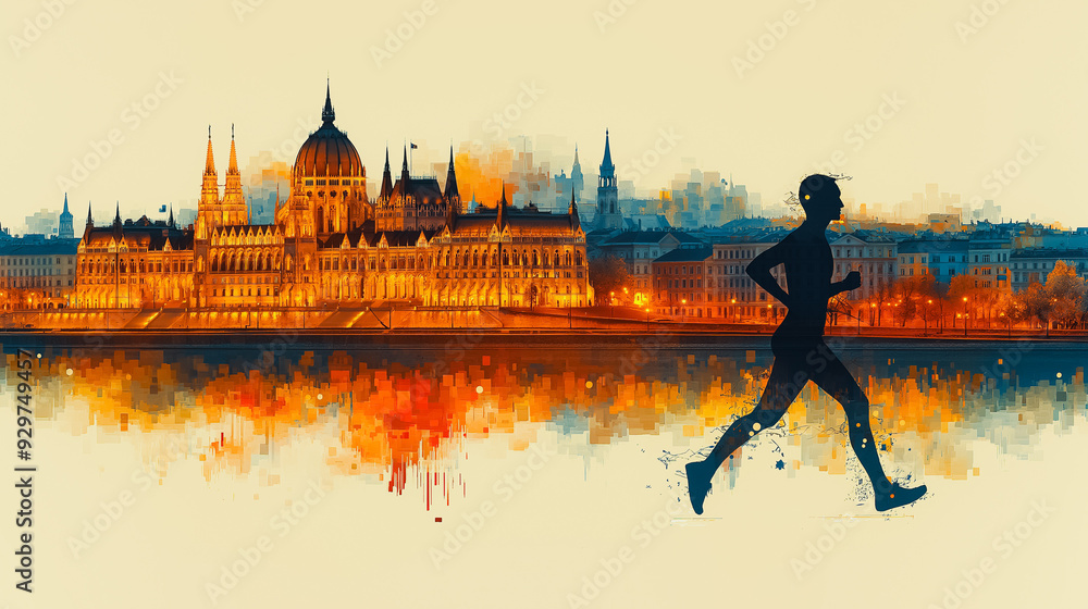Poster a runner is running in front of a large building. the image has a mood of determination and focus