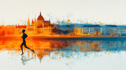 Obraz premium A woman runs in front of a city with a large building in the background. The image has a vibrant and energetic mood, with the woman's movement and the colorful cityscape creating a sense of motion