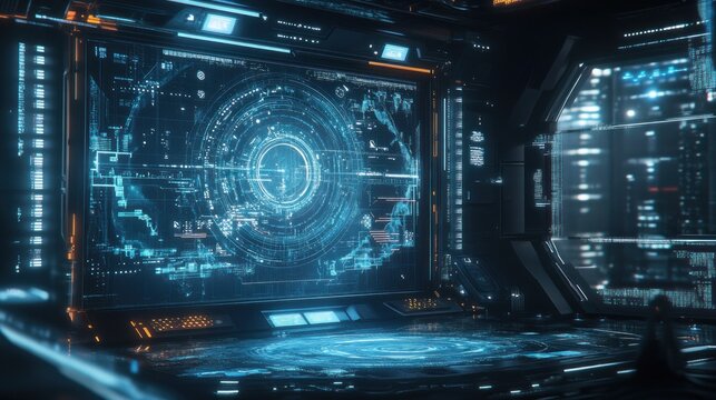 Futuristic Control Room with Holographic Interface
