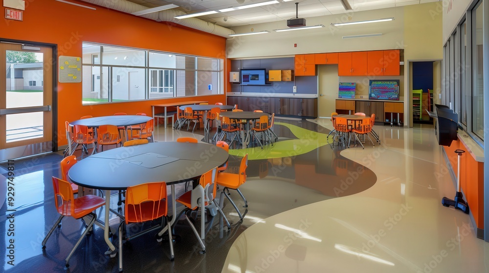 Poster the school building adapts to technological advancements, integrating smart boards and interactive t