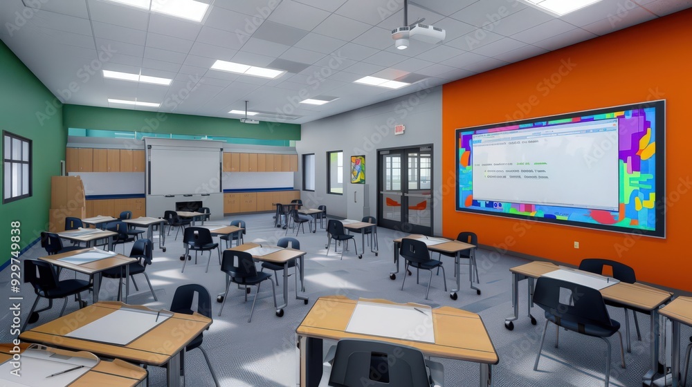 Poster the school building adapts to technological advancements, integrating smart boards and interactive t