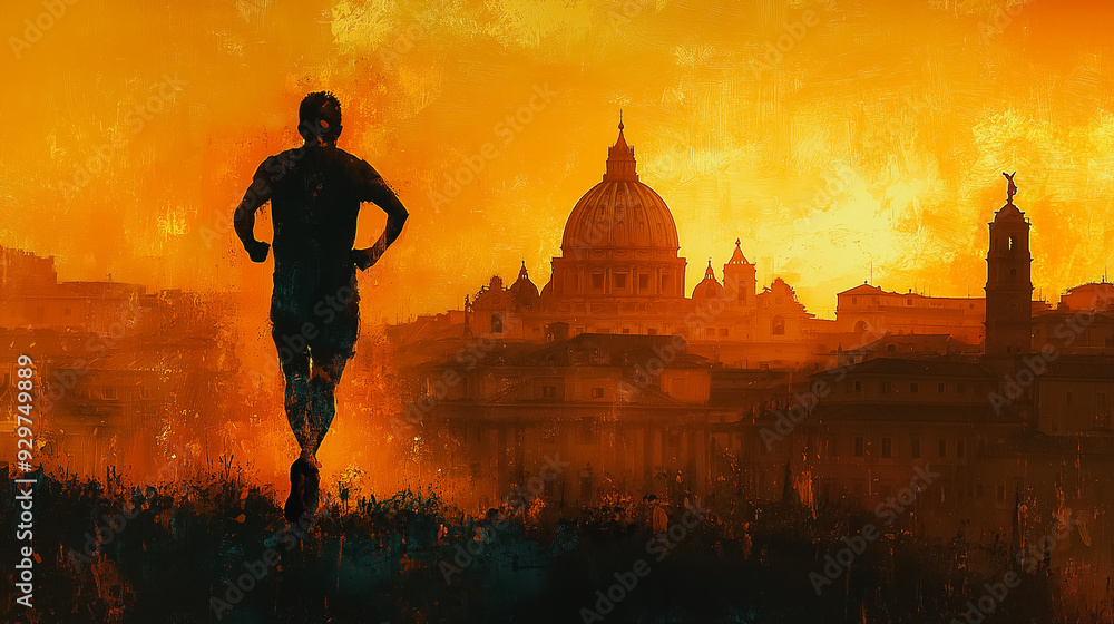 Poster a runner is running in front of a large building. the image has a mood of determination and persever