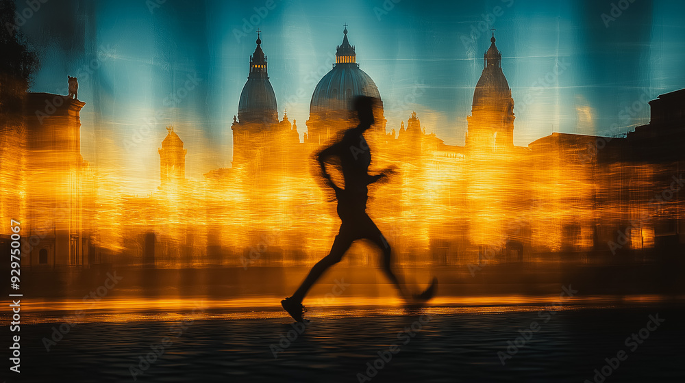 Poster a man runs in front of a building with a large dome. the image has a blurry effect, giving it a drea