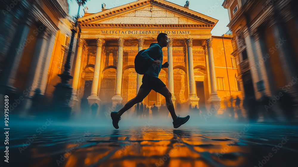 Poster a man is running in front of a large building. the man is wearing a backpack. the man is running in 