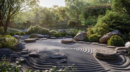 Daily mindfulness meditation routine in a zen garden, focus on stillness and balance, Mindfulness routine, daily zen practice