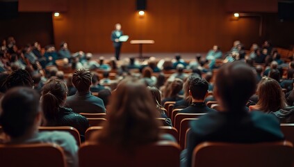 Audience Listens Attentively to Speaker Presenting on Stage in Auditorium