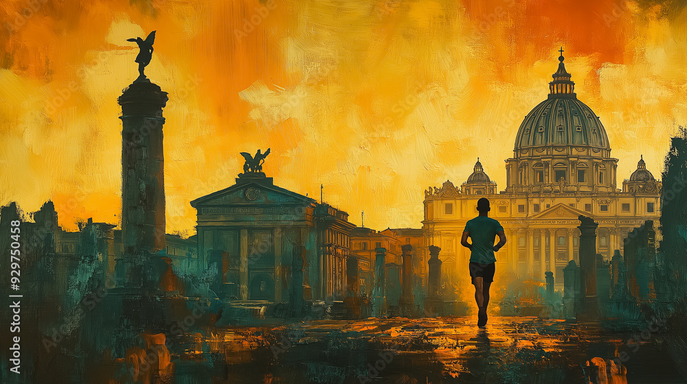 Poster a man is running in front of a large building. the painting is of a city with a large building in th