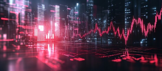 Fototapeta premium A glowing red stock market graph overlays a futuristic city street at night, symbolizing financial volatility and economic data analysis in a digital landscape.