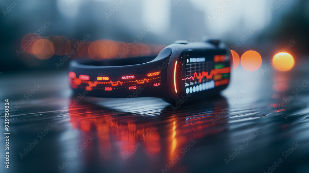 Poster a smart watch with a red face and a black band. the watch is displaying a number of different graphs