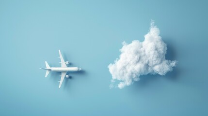 Obraz premium Flat lay design of travel concept with plane and cloud on blue background with copy space.