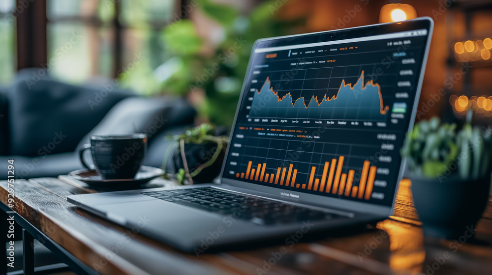Aufkleber a laptop is open to a screen displaying a graph of stock prices. a cup of coffee is on the table nex