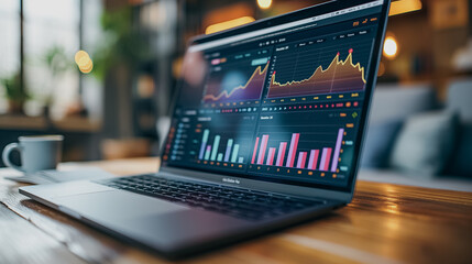 A laptop displaying a graph of stock market data. The laptop is open on a wooden table. Scene is serious and focused, as the person using the laptop is likely analyzing the stock market data