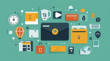 A digital wallet with travelrelated icons, showcasing its use in international transactions, Wallet travel icons, Global travel finance