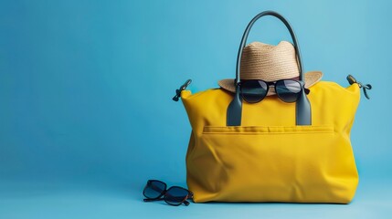 Yellow colorful travel bag with straw hat and sunglasses isolated on blue