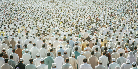 Large crowd of people in traditional muslim clothing attending a religious event