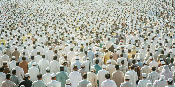 Large crowd of people in traditional muslim clothing attending a religious event