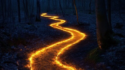 Glowing Path Through a Dark Forest at Night